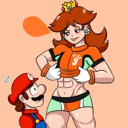 Rule 34 | 1boy, 1girl, abs, blue eyes, blue overalls, blush, brown hair, crown, earrings, facial hair, flower earrings, gloves, grin, hat, highres, jewelry, looking down, looking up, mario, mario (series), midriff, muscular, muscular female, mustache, navel, nintendo, overalls, princess daisy, shiny skin, shorts, smile, super mario strikers, tagme, tall female, thighs, tomboy, white gloves