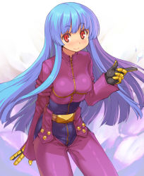 Rule 34 | 1girl, blue hair, blush, gloves, kula diamond, long hair, onono imoko, red eyes, snk, solo, the king of fighters