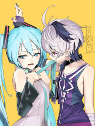Rule 34 | 2girls, ahoge, aqua necktie, arm warmers, bandages, blue eyes, blue hair, chibi, chibi inset, choker, collared shirt, cropped vest, detached sleeves, earpiece, flower (vocaloid), flower (vocaloid4), grey nails, hatsune miku, highres, kabedon, long hair, looking at another, looking away, mouth hold, multicolored hair, multiple girls, nail polish, necktie, necktie in mouth, open mouth, pink eyes, purple hair, rsk (tbhono), shirt, sleeveless, sweatdrop, twintails, two-tone hair, very long hair, vest, vocaloid, white hair, yuri