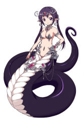 Rule 34 | 1girl, apophis (monster girl encyclopedia), apophis (monster girl encyclopedia) (cosplay), bare shoulders, bracelet, breasts, cosplay, crossover, diadem, earrings, full body, gochuumon wa usagi desu ka?, hand on own hip, jewelry, lamia, lee xianshang, long hair, looking at viewer, medium breasts, monster girl, monster girl encyclopedia, monsterification, navel piercing, necklace, piercing, pointy ears, purple eyes, purple hair, pussy, simple background, smile, solo, tedeza rize, twintails, white background