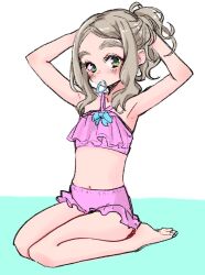 Rule 34 | 1girl, arms up, barefoot, bikini, blush, borrowed character, chibikko (morihito), commentary request, flat chest, full body, green eyes, grey hair, hair tie in mouth, highres, long hair, looking at viewer, mouth hold, original, pink bikini, sasetsu, sitting, sketch, solo, swimsuit, two-tone background, tying hair