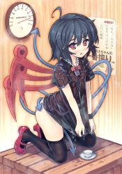 Rule 34 | 1girl, ahoge, asymmetrical wings, black dress, black hair, black thighhighs, blush, commentary request, cup, dress, full body, houjuu nue, kneeling, looking at viewer, mary janes, orita enpitsu, panties, red eyes, red footwear, sauna, shoes, short dress, short hair, short sleeves, solo, sweat, teacup, thermometer, thighhighs, touhou, translation request, underwear, wet, wet clothes, wet dress, wet hair, wings, wrist cuffs, wristband