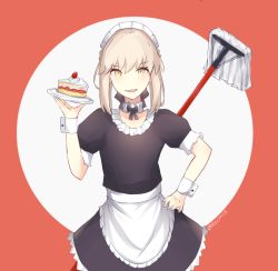 Rule 34 | 1girl, alternate costume, apron, artoria pendragon (all), artoria pendragon (fate), black bow, black dress, bow, braid, brown background, cake, cake slice, dress, enmaided, fate/stay night, fate (series), food, frilled apron, frills, hair between eyes, hair bow, hand on own hip, hand up, holding, holding plate, light brown hair, looking at viewer, maid, maid headdress, mop, official alternate costume, plate, puffy short sleeves, puffy sleeves, rocm (nkkf3785), saber alter, short sleeves, sidelocks, solo, strawberry shortcake, twitter username, two-tone background, waist apron, white apron, white background, wrist cuffs, yellow eyes