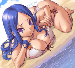 Rule 34 | 1girl, amania orz, ass, beach, bikini, bikini pull, blue hair, blue sky, breasts, cleavage, clothes pull, cloud, cloudy sky, copyright request, dated, dutch angle, large breasts, long hair, looking at viewer, purple eyes, shadow, sky, solo, swimsuit, twitter username, water