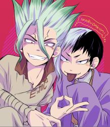Rule 34 | 2boys, asagiri gen, asymmetrical hair, bandaged arm, bandages, black hair, blush, coat, dr. stone, equation, evil grin, evil smile, gradient hair, green hair, grin, highres, ishigami senkuu, male focus, multicolored hair, multiple boys, ok sign, purple coat, red background, red eyes, romaji text, short hair, smile, spiked hair, split-color hair, thought bubble, tongue, tongue out, two-tone hair, white hair, yam (redjest)