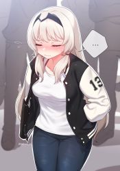 Rule 34 | ..., 1girl, an-94 (girls&#039; frontline), bad id, bad twitter id, blonde hair, blush, closed eyes, commentary request, denim, girls&#039; frontline, hands in pockets, highres, jacket, jeans, jersey, korean commentary, narynn, pants, solo, speech bubble, twitter username