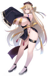 Rule 34 | 1girl, bare shoulders, beads, blonde hair, blush, breasts, cabbie hat, chinese clothes, cleavage, collar, covered erect nipples, detached sleeves, hat, highres, huge breasts, jiangshi, jiangshi costume, kubiwa (kutan), kutan, long hair, long sleeves, looking at viewer, maebari, ofuda, ofuda on head, ofuda on nipples, ofuda on pussy, original, outstretched arms, pasties, purple hat, qingdai guanmao, red collar, red eyes, sleeves past fingers, sleeves past wrists, solo, talisman, thigh strap, very long hair, wide sleeves, zombie pose