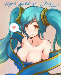 Rule 34 | 1girl, aqua hair, areola slip, bare shoulders, breasts, gradient hair, large breasts, league of legends, long hair, low neckline, multicolored hair, ricegnat, solo, sona (league of legends), twintails
