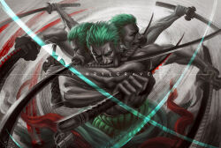 Rule 34 | 1boy, artist name, commentary, earrings, english commentary, green hair, holding, holding sword, holding weapon, jewelry, katana, male focus, mouth hold, multiple heads, one eye closed, one piece, roronoa zoro, scar, scar across eye, scar on face, short hair, single earring, solo, sword, topless male, triple wielding, vinrylgrave, weapon