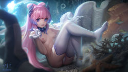 Rule 34 | 1girl, :d, beckoning, breasts, fish, floating hair, genshin impact, gloves, gradient hair, hand up, horns, jewelry, leg up, long hair, looking at viewer, motion blur, multicolored hair, nipples, open mouth, pink hair, pixiv id, purple eyes, ring, sangonomiya kokomi, sarena, sitting, small breasts, smile, solo, starfish, thighhighs, topless, underwater, white gloves, white thighhighs