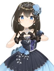 Rule 34 | 1girl, bad id, bad pixiv id, bare shoulders, black dress, blue eyes, blue flower, blue rose, breasts, brown gloves, brown hair, closed mouth, dress, earrings, flower, gloves, hair between eyes, hair flower, hair ornament, heart, heart hands, highres, idolmaster, idolmaster cinderella girls, jewelry, long hair, looking at viewer, noria, rose, sagisawa fumika, simple background, small breasts, smile, solo, strapless, strapless dress, white background