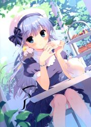 Rule 34 | 1girl, absurdres, animal, animal on shoulder, beret, bird, bird on shoulder, blue dress, blue eyes, blue hair, blush, bow, bracelet, cookie, cup, day, dress, dutch angle, elbows on table, food, fruit, hat, highres, holding, jewelry, long hair, matching hair/eyes, original, outdoors, plant, plate, puffy short sleeves, puffy sleeves, santa matsuri, short sleeves, smile, solo, table, teacup, teapot, tiered tray