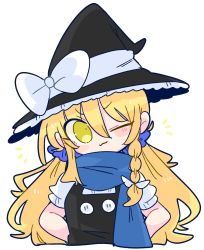 Rule 34 | 1girl, blonde hair, blush, bow, braid, cropped torso, hand on own hip, hat, hat bow, highres, kirisame marisa, long hair, one eye closed, op na yarou, scarf, short sleeves, simple background, solo, touhou, upper body, white background, white bow, witch hat, yellow eyes