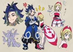 Rule 34 | 1boy, 1girl, adaman (pokemon), anger vein, blonde hair, blue coat, blue eyes, blue hair, closed mouth, coat, collar, collarbone, commentary request, creatures (company), crossed arms, earrings, eyebrow cut, eyelashes, fanning self, frown, game freak, gen 4 pokemon, glaceon, green hair, hair between eyes, hairband, highres, irida (pokemon), jewelry, kisama (0213), leafeon, medium hair, multicolored hair, multiple views, neck ring, nintendo, parted lips, pokemon, pokemon (creature), pokemon legends: arceus, red hairband, sash, shirt, shorts, smile, split mouth, standing, strapless, strapless shirt, white shorts