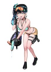Rule 34 | 1girl, :d, bag, bare arms, bare legs, bare shoulders, bikini, bikini under clothes, black gloves, black hair, blue bikini, blue eyes, blue hair, breasts, brown shorts, choker, cleavage, collarbone, duffel bag, earrings, fingerless gloves, gloves, goggles, goggles on head, gun, hair ornament, handgun, highleg, highleg bikini, highres, holster, hoop earrings, ihobus, jewelry, large breasts, leaning forward, long hair, looking at viewer, multicolored hair, nail polish, navel, open mouth, original, pistol, shoes, short shorts, shorts, side ponytail, skindentation, smile, solo, sweat, swimsuit, thighs, two-tone hair, weapon, whistle