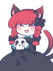 Rule 34 | 1girl, :3, :d, animal ear fluff, animal ears, black bow, black dress, blunt bangs, bow, braid, cat ears, cat tail, chahan (fried rice0614), chibi, commentary request, cowboy shot, dress, fang, hair bow, hair ribbon, highres, holding, holding skull, kaenbyou rin, long hair, long sleeves, multiple tails, nekomata, one-hour drawing challenge, open mouth, puffy long sleeves, puffy sleeves, red eyes, red hair, ribbon, simple background, skull, sleeves past wrists, slit pupils, smile, solo, tail, touhou, tress ribbon, twin braids, two tails, white background