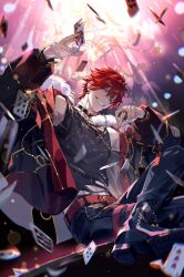 Rule 34 | 1boy, amagi rinne, belt, blue eyes, card, chinese commentary, commentary request, ensemble stars!, fingernails, fur trim, hair between eyes, holding, holding card, jacket, jewelry, long sleeves, male focus, multiple rings, open clothes, open jacket, red belt, red hair, ring, rrr (reason), sleeveless, solo, teeth, torn clothes