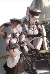 Rule 34 | 1girl, absurdres, apron, black footwear, black gloves, black necktie, bonethide14663, caution tape, chainsaw man, cuffs, earrings, fami (chainsaw man), gloves, grey hair, handcuffs, hat, highres, jewelry, looking at viewer, looking to the side, maid, maid apron, midriff, military hat, mole, mole under eye, mole under mouth, multiple moles, necktie, one eye covered, open mouth, orange eyes, ringed eyes, short hair, tassel, tassel earrings, waist apron