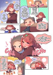Rule 34 | 1boy, 1girl, blank eyes, blush, closed eyes, comic, dangle earrings, earrings, english text, flustered, full-face blush, grey hair, highres, hug, jewelry, kotatsu, long sleeves, open mouth, osora (judithandlilith), pout, pyra (xenoblade), red eyes, red hair, rex (xenoblade), short hair, smile, sweater, swept bangs, table, tiara, xenoblade chronicles (series), xenoblade chronicles 2