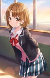 Rule 34 | 1girl, arms behind back, artist name, black jacket, blazer, blush, bow, breasts, brown eyes, brown hair, cardigan, closed mouth, collarbone, collared shirt, commentary, dress shirt, english commentary, highres, hitsukuya, indoors, isshiki iroha, jacket, leaning forward, looking at viewer, open clothes, open jacket, pink cardigan, plaid, plaid skirt, pleated skirt, red bow, school uniform, shirt, skirt, small breasts, smile, solo, sunset, white shirt, window, yahari ore no seishun lovecome wa machigatteiru.