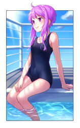 Rule 34 | 1girl, ai kusunoki, bare arms, bare legs, blue one-piece swimsuit, blush, border, breasts, cleavage, closed mouth, collarbone, covered navel, hand on lap, highres, one-piece swimsuit, outside border, purple hair, red eyes, school swimsuit, short hair with long locks, sidelocks, sitting, small breasts, smile, soaking feet, solo, swimsuit, twitter username, voiceroid, white border, yuzuki yukari