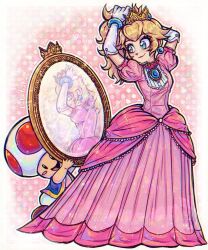 Rule 34 | 1boy, 1girl, blonde hair, blue eyes, breasts, dress, earrings, full body, gloves, jewelry, linterteatime, long hair, mario (series), mirror, nintendo, pink dress, ponytail, princess peach, smile, sphere earrings, toad (mario), white gloves