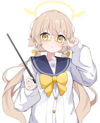 Rule 34 | 1girl, absurdres, black sailor collar, blue archive, blush, buttons, cardigan, glasses, halo, hifumi (blue archive), highres, light brown hair, long hair, long sleeves, open mouth, sailor collar, simple background, solo, upper body, white background, white cardigan, yellow-framed eyewear, yellow eyes, yellow halo, yoi0341