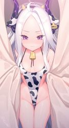Rule 34 | 1girl, ahoge, animal ears, animal print, bell, blue archive, blush, breasts, collarbone, commentary request, cow print, cowbell, curtains, fake animal ears, forehead, headband, highres, hina (blue archive), long hair, looking at viewer, nishiki koi, purple eyes, silver hair, small breasts, solo, tears