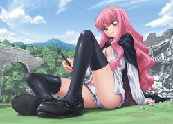 Rule 34 | 1boy, 1girl, arch, arm support, black thighhighs, blouse, breasts, buckle, cape, cloud, crotch rub, day, eichikei (hakuto), femdom, footprints, forest, giant, giantess, grass, grin, hiraga saito, knee up, knees apart feet together, long hair, louise francoise le blanc de la valliere, mary janes, nature, open clothes, open mouth, open shirt, outdoors, panties, pink hair, rubble, ruins, shirt, shoes, sidelocks, sitting, sky, small breasts, smile, thighhighs, tree, underwear, wand, wavy hair, white panties, white shirt, zero no tsukaima