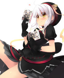 Rule 34 | 1girl, blush, character request, gloves, hat, heart, holding, original, ribbon, shin (new), short hair, sidelocks, silver hair, simple background, skirt, smile, solo, white background, yellow eyes