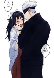 Rule 34 | 1boy, 1girl, black jacket, blue hair, blush, brown eyes, commentary, english commentary, gojou satoru, grey hair, hair ribbon, hand on another&#039;s arm, hands on another&#039;s face, hetero, highres, incoming kiss, iori utahime, jacket, japanese clothes, jujutsu kaisen, korean text, long hair, long sleeves, matchi (ginger.8), miko, ribbon, scar, scar on face, short hair, translation request