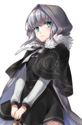 Rule 34 | 1girl, black capelet, black dress, blush, cape, capelet, closed mouth, commentary request, dress, fate (series), fur-trimmed capelet, fur trim, gray (fate), green eyes, grey cape, hair between eyes, holding, hood, hood up, hooded cape, long hair, long sleeves, lord el-melloi ii case files, own hands together, shiao, silver hair, simple background, solo, white background