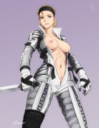 Rule 34 | 1girl, blonde hair, bodysuit, breasts, dagger, feguimel, headband, knife, looking at viewer, metal gear (series), metal gear solid 3: snake eater, navel, nipples, no bra, open bodysuit, open clothes, scar, solo, stomach, the boss, weapon