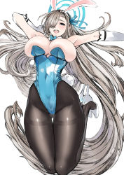 Rule 34 | 1girl, absurdly long hair, absurdres, animal ears, aqua bow, aqua bowtie, aqua leotard, armpits, asuna (blue archive), asuna (bunny) (blue archive), bare shoulders, black pantyhose, blonde hair, blue archive, blue leotard, blue ribbon, bow, bowtie, breasts, bursting breasts, cleavage, covered navel, detached collar, elbow gloves, fake animal ears, from below, full body, gloves, gluteal fold, green eyes, hair ornament, hair over one eye, hair ribbon, happy, high heels, highres, hip bones, houden eizou, huge breasts, jumping, leotard, linea alba, long hair, looking at viewer, mole, mole on breast, navel, open mouth, outstretched arms, paid reward available, pale skin, pantyhose, playboy bunny, rabbit ears, ribbon, shiny clothes, sideboob, simple background, solo, teeth, thigh gap, thighband pantyhose, thong leotard, underboob, undersized clothes, upper teeth only, very long hair, white background, white footwear, white gloves