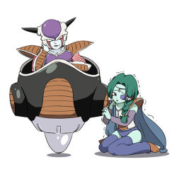 Rule 34 | 2boys, :&lt;, :/, armor, cape, colored skin, dragon ball, dragonball z, frieza, green hair, green skin, horns, ixy, looking at another, looking down, male focus, multiple boys, ponytail, scared, scouter, simple background, thighhighs, trembling, white background, zarbon