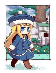 Rule 34 | 1girl, blonde hair, blue eyes, blue hat, blue jacket, blue skirt, blue sky, blush, boots, brown footwear, brown mittens, building, bush, chibi, closed mouth, cloud, cloudy sky, collared shirt, commentary request, day, etrian odyssey, flower, fur-trimmed headwear, fur-trimmed sleeves, fur trim, green shirt, gunner (sekaiju), hat, highres, jacket, juliet sleeves, knee boots, long hair, long sleeves, looking away, mittens, naga u, pleated skirt, puffy sleeves, shirt, skirt, sky, solo, standing, tree, v-shaped eyebrows, very long hair, white background, yellow flower