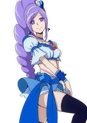 Rule 34 | 00s, 1girl, aono miki, bakusai, blue skirt, blue thighhighs, choker, cure berry, drill hair, earrings, eyelashes, fresh precure!, frilled skirt, frills, hair ornament, hairband, happy, heart, heart hair ornament, jewelry, long hair, looking at viewer, magical girl, midriff, ponytail, precure, puffy sleeves, purple eyes, purple hair, ribbon, shirt, side ponytail, simple background, skirt, smile, solo, standing, thighhighs, thighs, white background, wrist cuffs