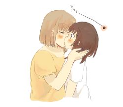 Rule 34 | 2girls, black eyes, blush, brown hair, closed eyes, foomi, hand on another&#039;s face, heart, kiss, light brown hair, long hair, lowres, multiple girls, original, puffy short sleeves, puffy sleeves, shirt, short sleeves, simple background, surprised, white background, white shirt, yellow shirt, yuri