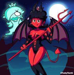 Rule 34 | 2girls, black hair, breasts, cleavage, crown, devil, earrings, evil grin, evil smile, flying, ghost, grin, halloween, highres, holding, horns, jewelry, leotard, lipstick, makeup, mario (series), medium breasts, moon, multiple girls, night, night sky, nintendo, open mouth, polearm, princess daisy, red eyes, rosalina, shiny skin, sky, smile, spear, super mario galaxy, super mario land, tail, weapon, wings