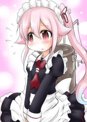 Rule 34 | 10s, 1girl, alternate costume, black dress, dress, enmaided, gradient hair, hair flaps, harusame (kancolle), kantai collection, long hair, machinery, maid, maid headdress, multicolored hair, ouno (nounai disintegration), pink hair, puffy sleeves, red eyes, side ponytail, smokestack, solo, white apron