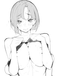 Rule 34 | 1girl, absurdres, bow, bow bra, bra, breasts, closed mouth, ear piercing, earrings, embarrassed, eyelashes, eyes visible through hair, flying sweatdrops, greyscale, hatching, highres, jewelry, kizukisai, monochrome, original, piercing, short hair, simple background, sketch, solo, sweat, sweatdrop, tearing up, underwear, upper body, white background