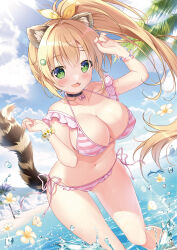 Rule 34 | 1girl, :3, absurdres, ahoge, animal ears, arm up, bare shoulders, beach, bikini, black choker, blonde hair, blue sky, blush, bow, bracelet, breasts, bubble, choker, cloud, collarbone, crossed bangs, day, diffraction spikes, dolphin, fang, fingernails, flower, flower bracelet, gluteal fold, green eyes, hair between eyes, hair bow, hair ornament, halterneck, hand up, high ponytail, highres, jewelry, large breasts, leaning forward, lens flare, light rays, long hair, looking at viewer, melonbooks, mikeou, navel, ocean, open mouth, original, outdoors, palm tree, pink bikini, raccoon ears, raccoon girl, raccoon tail, shore, side-tie bikini bottom, sky, smile, solo, splashing, standing, stomach, striped bikini, striped clothes, sunbeam, sunlight, swimsuit, tail, tail raised, tree, very long hair, wading, water, yellow bow, yellow flower