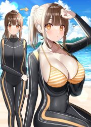 Rule 34 | 1girl, :o, ?, arm up, arrow (symbol), beach, bikini, bikini under clothes, blue sky, blunt bangs, bodysuit, breasts, brown hair, cleavage, cloud, cloudy sky, collarbone, commentary request, covered navel, day, diving suit, dot nose, gluteal fold, highres, large breasts, lens flare, light blush, looking at viewer, mizukoshi (marumi), mountainous horizon, multiple views, ocean, orange bikini, original, outdoors, parted lips, shore, short ponytail, sidelocks, sitting, sky, standing, striped bikini, striped clothes, swimsuit, thigh gap, water, wetsuit, yellow eyes