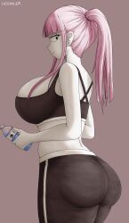 Rule 34 | 1girl, ass, ass focus, black eyes, blossom hope, bottle, breasts, colored skin, highres, hime cut, huge ass, huge breasts, kawakami sakura, large breasts, long hair, looking at viewer, looking back, pale skin, pants, pink hair, ponytail, self-upload, solo, sports bra, standing, thick thighs, thighs, water bottle, white skin, woomler, yoga pants