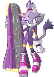 Rule 34 | 1girl, animal ears, blaze the cat, cat ears, cat girl, cat tail, forehead jewel, fur-trimmed gloves, fur trim, furry, furry female, gloves, hourou, hoverboard, jumpsuit, looking at viewer, partially unzipped, pink footwear, purple fur, purple jumpsuit, sonic (series), sonic riders, tail, white background, white gloves, yellow eyes