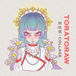 Rule 34 | 1girl, album cover, blunt bangs, chinese clothes, chinese text, clothing cutout, collage (band), cover, eyeshadow, flower, halo, hime cut, jade (gemstone), jewelry, lipstick, long hair, magatama, magatama necklace, makeup, natsuko lariyod, necklace, paper texture, pearl necklace, pink eyes, red eyeshadow, red lips, shirt, shoulder cutout, sidelocks, simple background, solo, thick eyebrows, traditional chinese text, white shirt, yellow background
