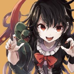 Rule 34 | 1girl, asymmetrical wings, bad id, bad twitter id, black hair, dress, fangs, hisona (suaritesumi), houjuu nue, md5 mismatch, nail polish, open mouth, orange background, red eyes, resized, short hair, short sleeves, simple background, smile, snake, solo, touhou, upper body, wings, wrist cuffs
