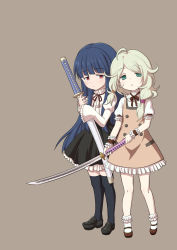 Rule 34 | 2girls, ahoge, arms up, black footwear, black skirt, blonde hair, blue hair, blunt bangs, bobby socks, brown dress, brown footwear, brown ribbon, chibi, commentary request, dress, expressionless, full body, green eyes, grey background, high collar, highres, holding, holding sword, holding weapon, idolmaster, idolmaster cinderella girls, issin., juliet sleeves, katana, loafers, long hair, long sleeves, looking at viewer, low twintails, multiple girls, neck ribbon, over-kneehighs, petticoat, pinafore dress, puffy short sleeves, puffy sleeves, red eyes, red ribbon, ribbon, sajo yukimi, scabbard, sheath, sheathed, shirt, shoes, short hair, short sleeves, side-by-side, sidelocks, simple background, skirt, sleeveless dress, sleeves past wrists, socks, standing, swept bangs, sword, tareme, thighhighs, twintails, very long hair, weapon, white legwear, white shirt, wrist cuffs, yusa kozue