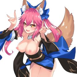 Rule 34 | 1girl, animal ear fluff, animal ears, bare shoulders, blue bow, blue kimono, blush, bottomless, bow, breasts, breasts out, dean (momodean), detached sleeves, fate/extra, fate (series), fox ears, fox girl, fox shadow puppet, fox tail, hair between eyes, hair bow, highres, japanese clothes, kimono, large breasts, long hair, looking at viewer, naked kimono, nipples, obi, open clothes, open kimono, open mouth, pink hair, sash, short kimono, sidelocks, simple background, smile, solo, tail, tamamo (fate), tamamo no mae (fate/extra), thighs, twintails, white background, wide sleeves, yellow eyes