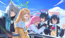 Rule 34 | 5girls, absurdres, ahoge, animal ears, ayane (blue archive), black hair, blue archive, blue eyes, blue halo, cat ears, closed mouth, cross hair ornament, foreclosure task force (blue archive), glasses, green eyes, green halo, grey hair, hair ornament, halo, highres, hoshino (blue archive), light brown hair, long hair, medium hair, multiple girls, nonomi (blue archive), one eye closed, open mouth, pink hair, pink halo, red-framed eyewear, red eyes, red halo, serika (blue archive), shiroko (blue archive), short hair, smile, suyi-j, twintails, wolf ears, yellow eyes